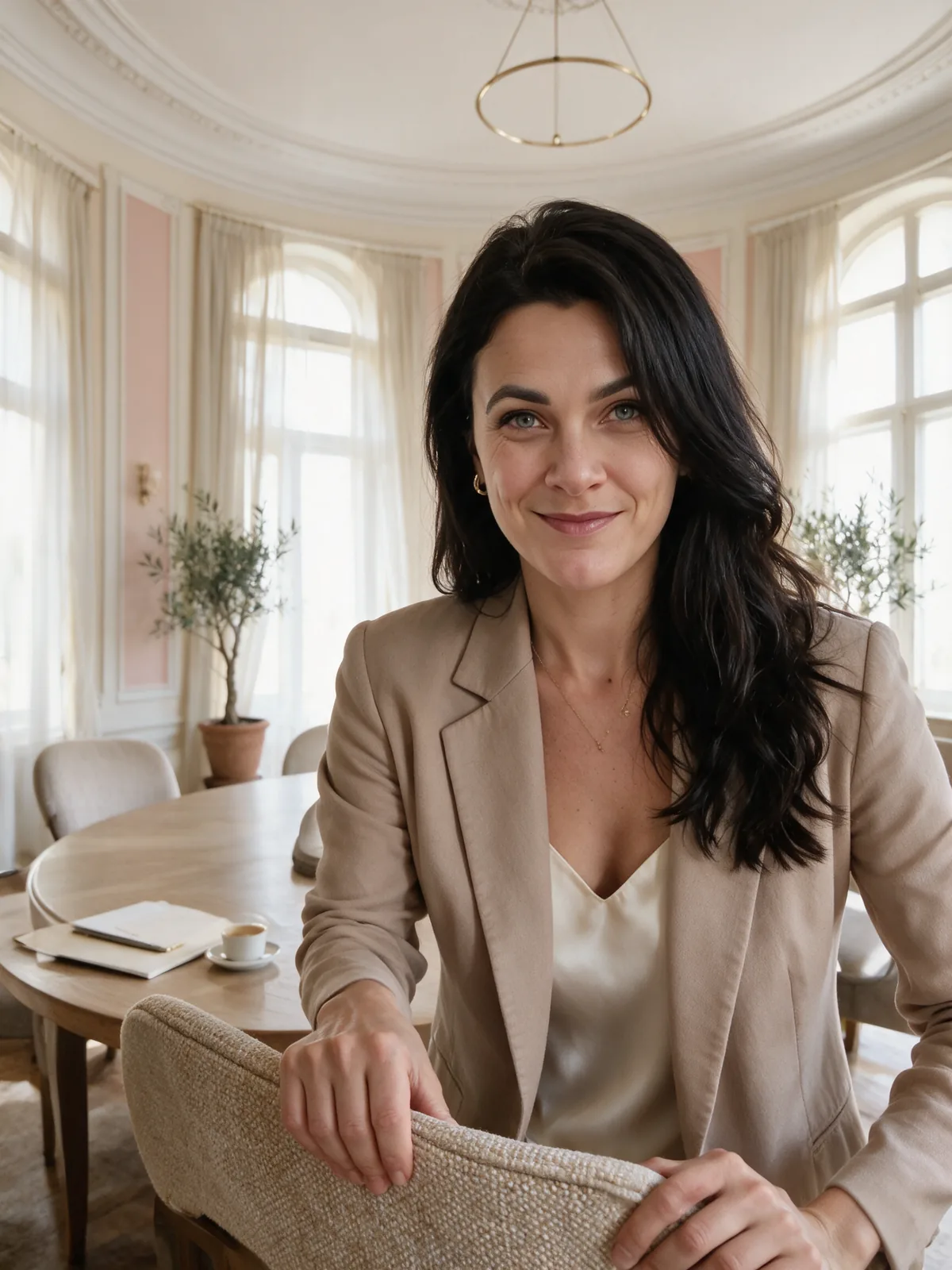 Nicolette Menge zieht einen Stuhl am runden Tisch zurück und lädt ein, Platz zu nehmen