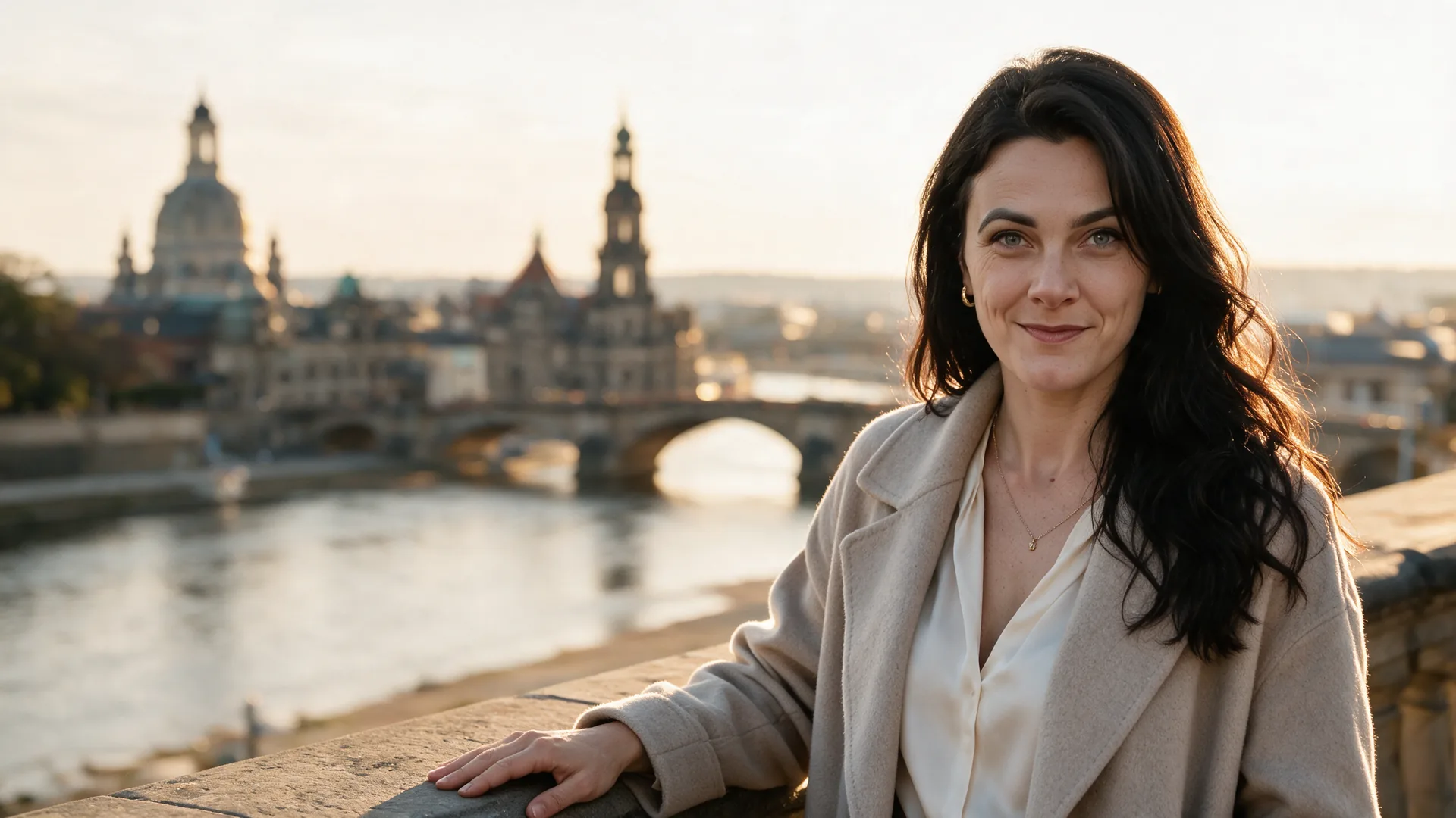 Nicolette Menge auf der Brühlschen Terrasse in Dresden, im Hintergrund Elbe und Frauenkirche