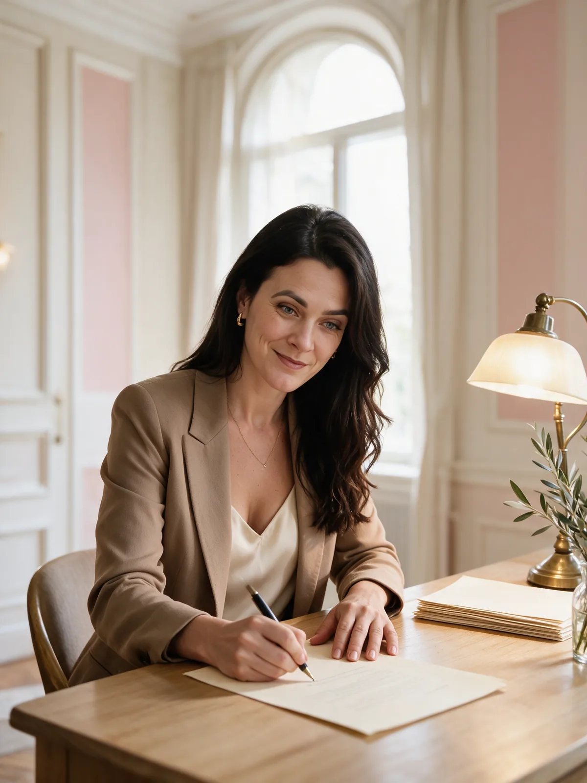 Nicolette Menge unterschreibt am Schreibtisch ein Dokument