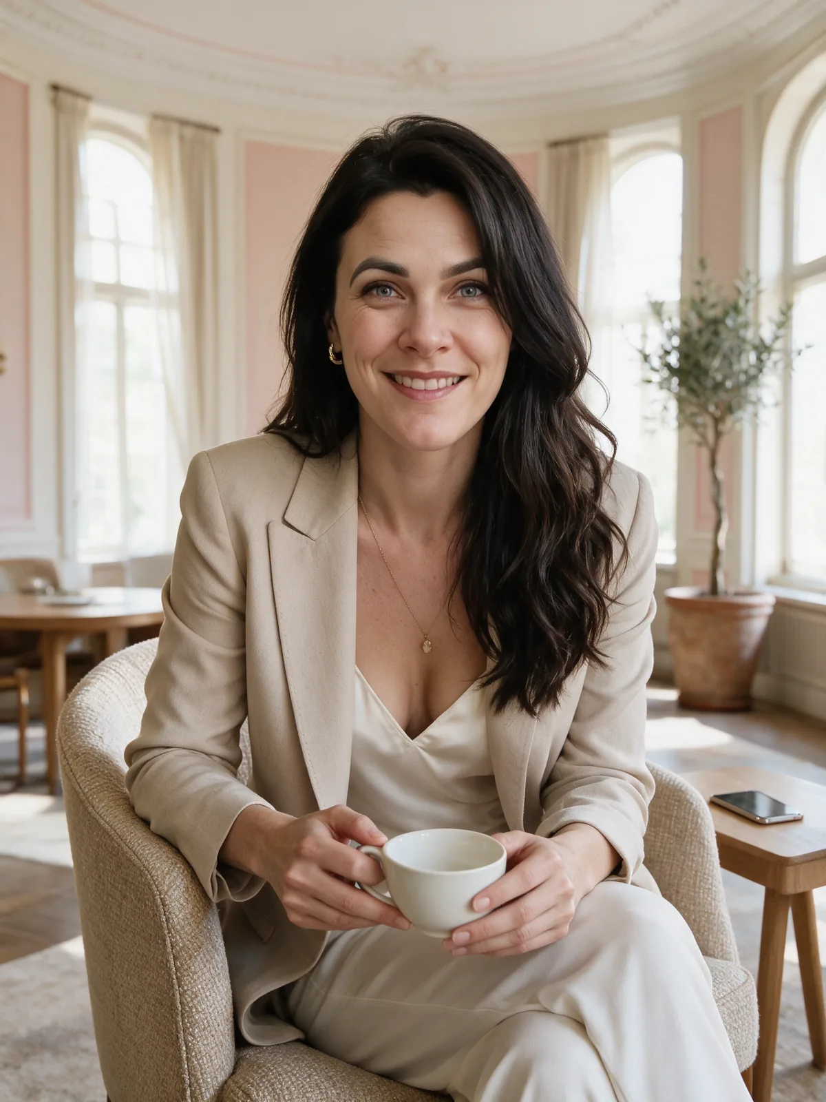 Nicolette Menge mit Kaffeetasse im Sessel am Fenster
