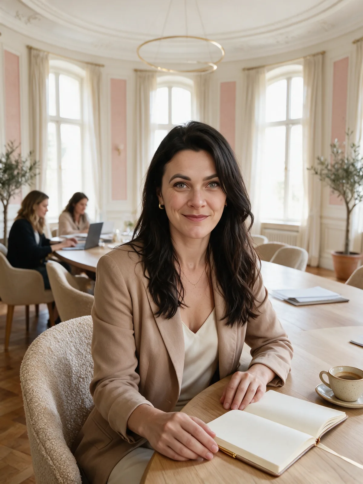 Nicolette Menge mit Notizbuch am runden Tisch, im Hintergrund Frauen beim Coworking